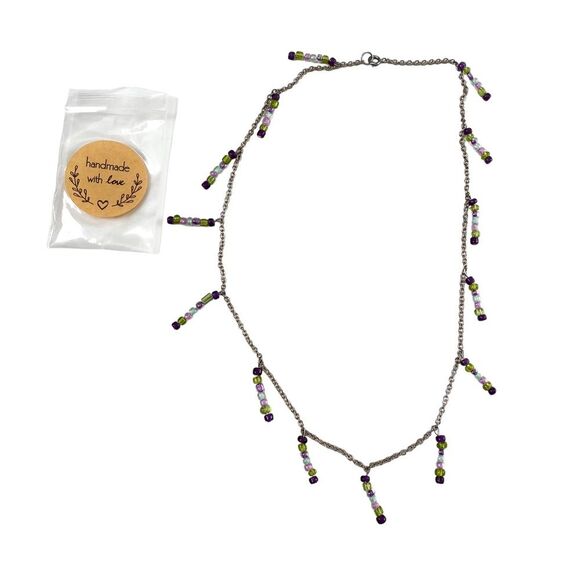 Handmade Silver Clasped Chain Beaded Purple Green Tassel Necklace - Picture 1 of 4